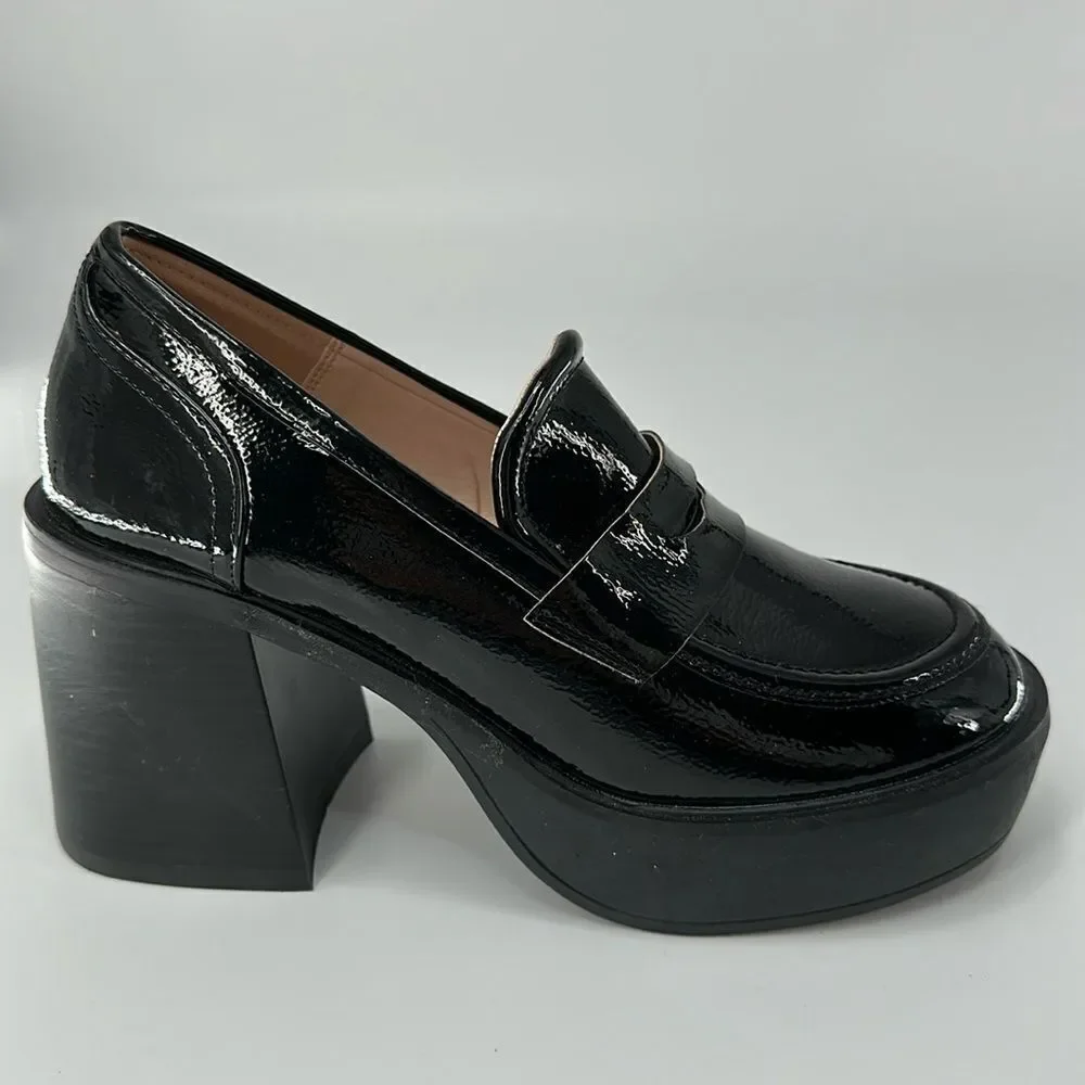 RAID Presha Platform Block Heel Loafers In Black Patent Baby Doll